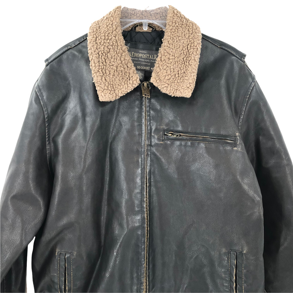 Aeropostale Mens Brown Faux Leather Sherpa Collar Bomber Jacket Large Top Gun
